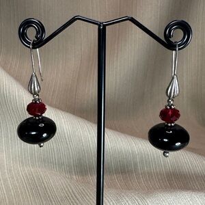 Chic Black Lampwork and Red Swarovski Crystal Beaded Earrings with Silver Accent